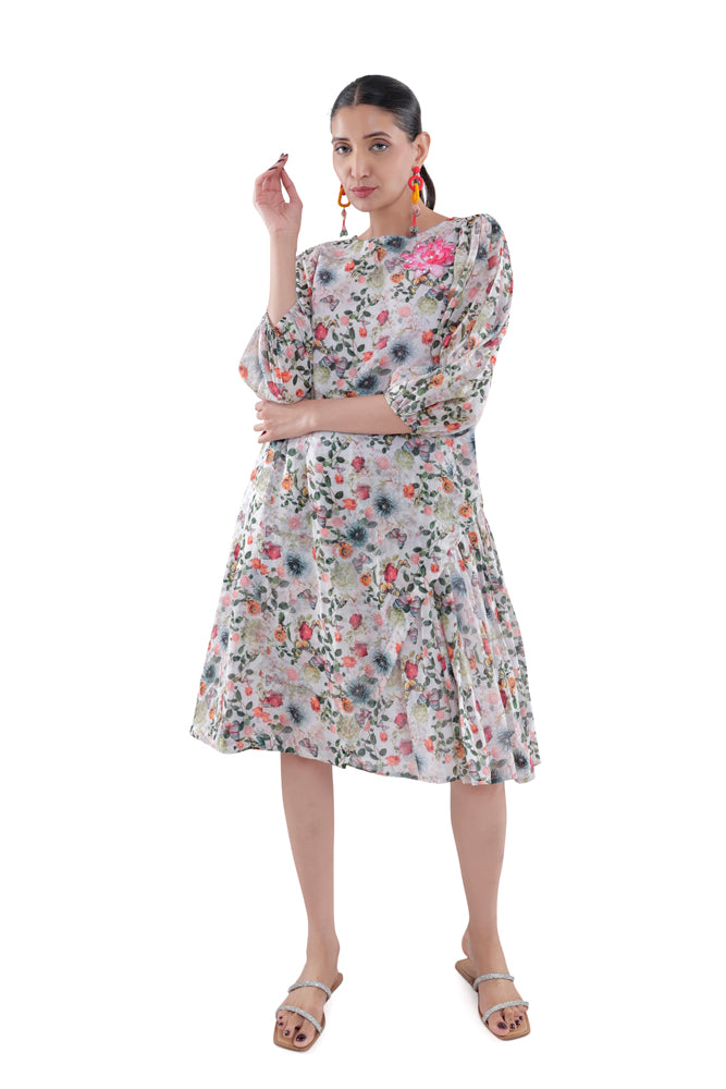 Flora Printed Side Pleated Dress